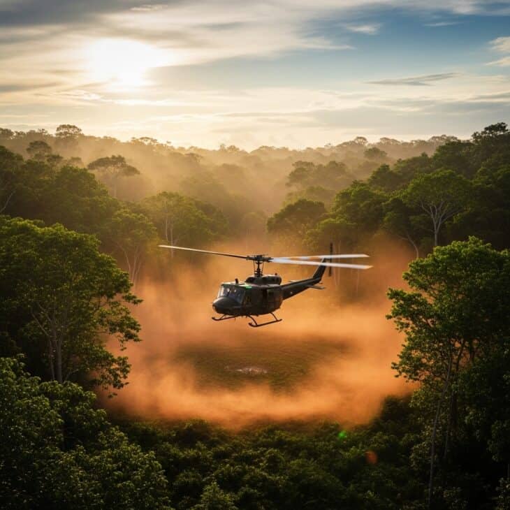 Military helicopter descending toward a jungle clearing in golden light with red dust rising and dense jungle surrounding