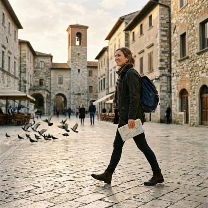 Traveler with daypack exploring a European city square during a long airport layover, morning light on cobblestones