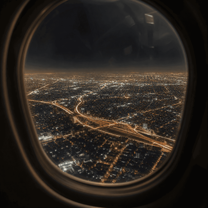 A city spreads below in a luminous grid of amber and white lights viewed through an aircraft window at night, highways glowing like bright ribbons in the dark