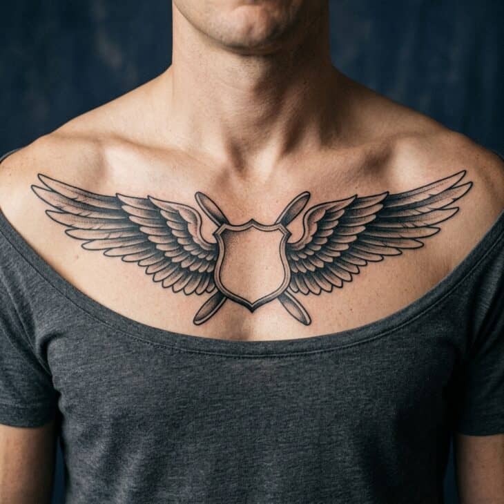 Black and grey classic aviation wings tattoo across an adult upper chest with a blank central shield