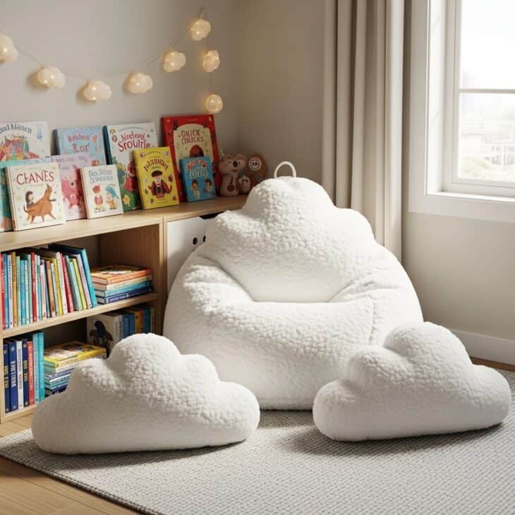 Reading corner with a fluffy cloud-shaped beanbag and cloud floor cushions