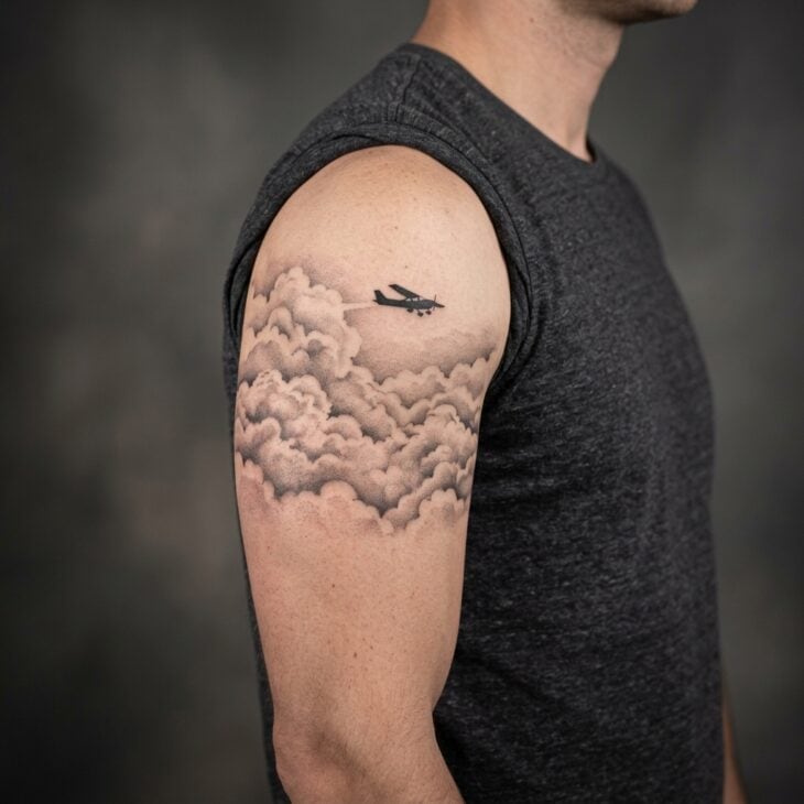 Black and grey cloud layer tattoo wrapping around an adult upper arm with a small airplane silhouette above the clouds