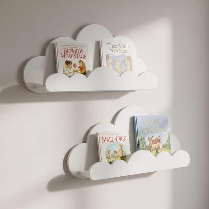 White cloud-shaped floating shelves holding picture books in a nursery