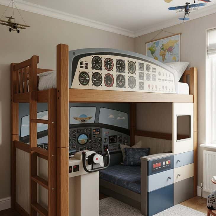 Loft bunk bed styled as an aircraft cockpit with a painted instrument panel