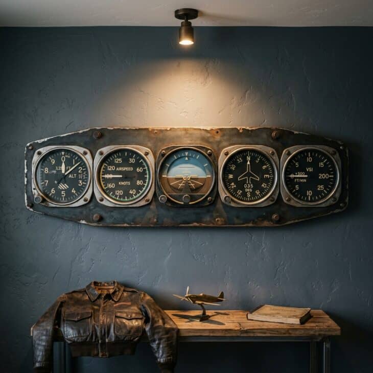 Decorative cockpit instrument panel with five aged chrome gauge faces mounted on a slate grey wall