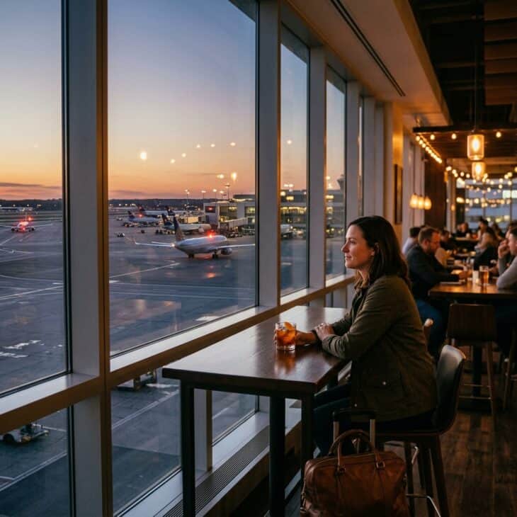Traveler with a cocktail at an airport bar with floor-to-ceiling windows overlooking a runway at dusk, amber sky and blinking aircraft lights