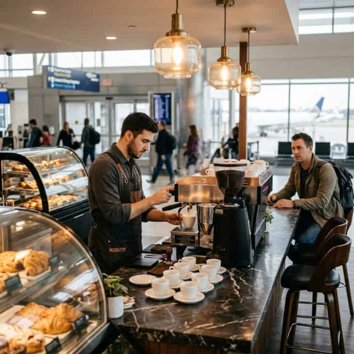 Airport specialty coffee bar with barista pulling espresso, ceramic cups on marble counter, and pendant lighting