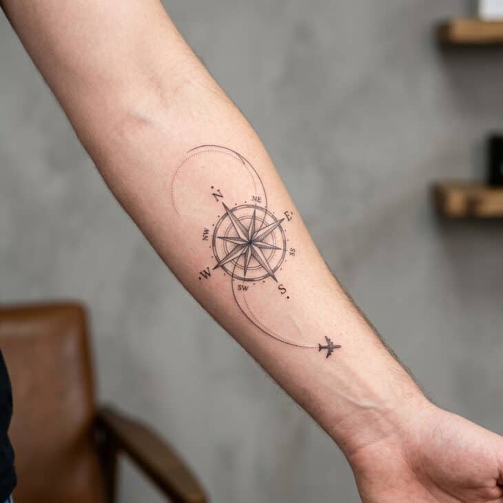 Fine-line compass rose tattoo on an adult forearm with a curved flight path and tiny airplane silhouette
