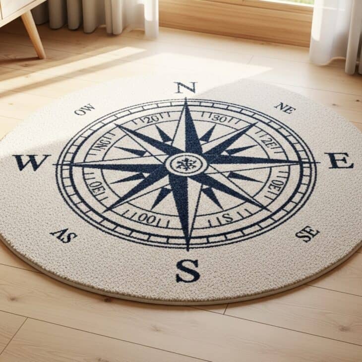 Round nursery rug featuring a navy and cream compass rose design