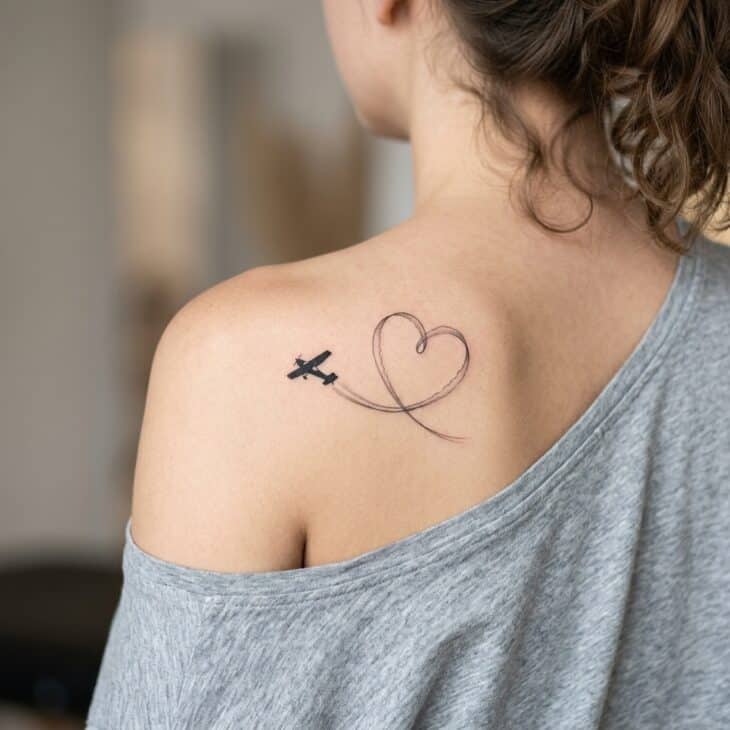 Fine-line tiny airplane tattoo on an adult shoulder with a looping contrail forming a loose heart shape