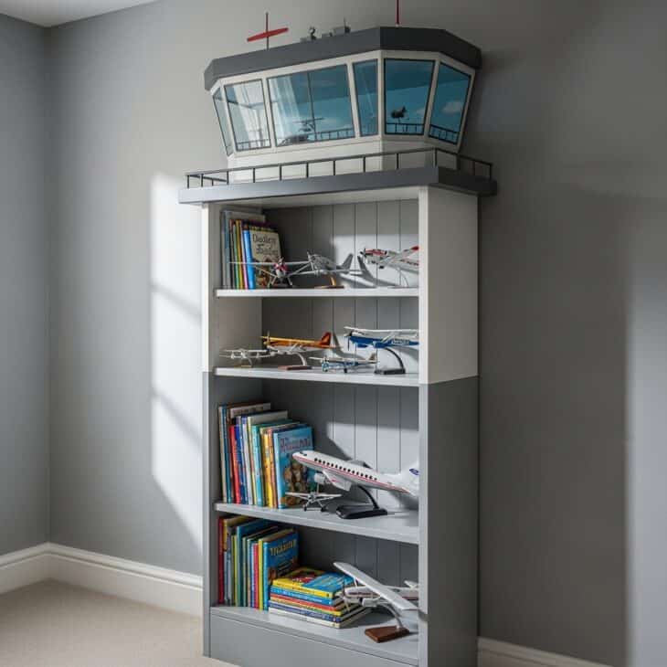 Tall bookcase built to look like an airport control tower holding books and models