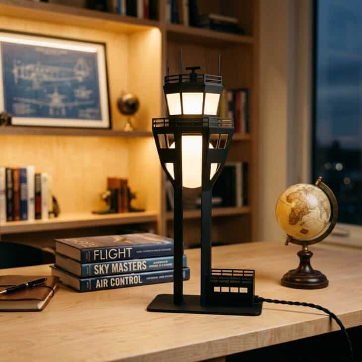 Control tower silhouette desk lamp in matte black steel with glass globe cab on a light birch desk
