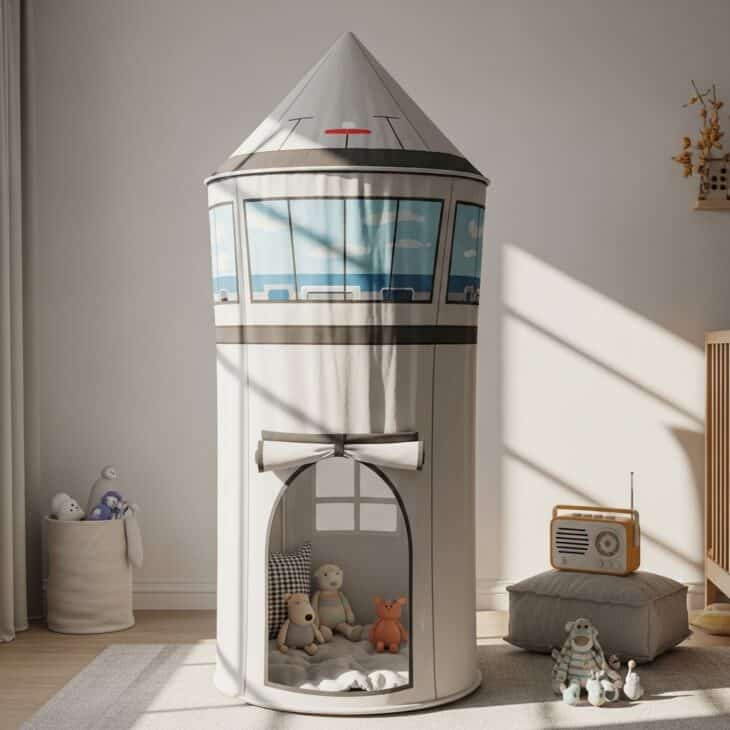 Tall fabric play tent styled as an airport control tower with printed windows