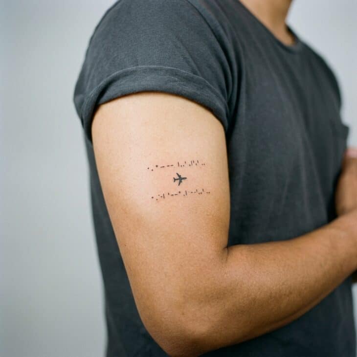 Minimalist coordinate style aviation tattoo on an adult inner bicep with a tiny airplane icon between two coordinate lines