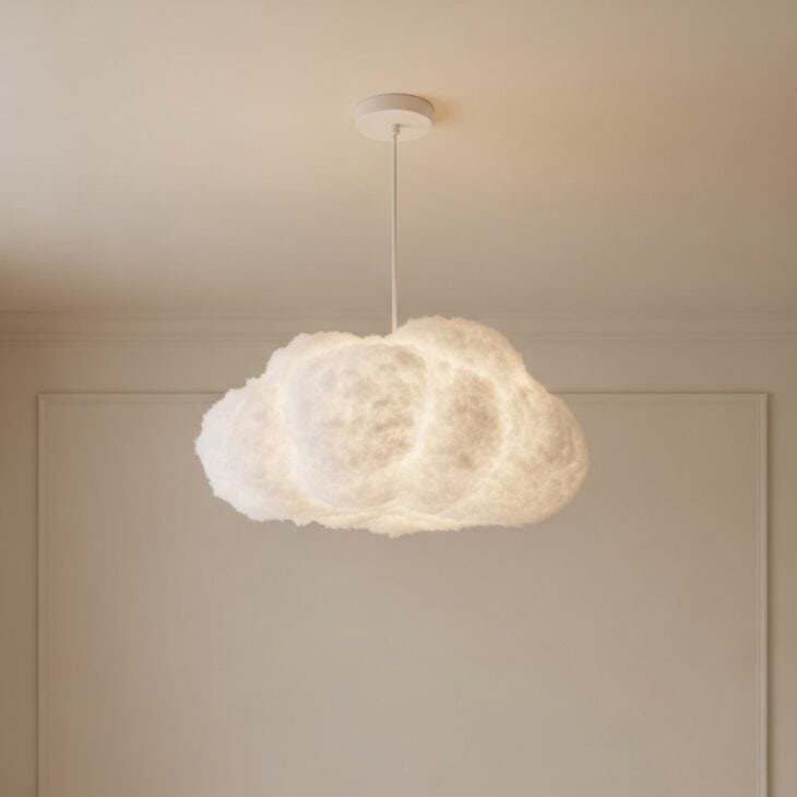 Cloud-shaped pendant light glowing softly from a nursery ceiling