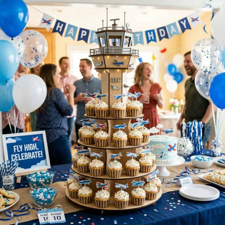 Tiered cupcake stand styled as a control tower with airplane-topped cupcakes and blue party decor on a navy tablecloth