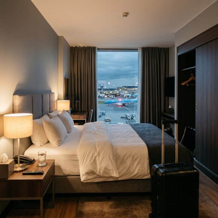 A clean airport transit hotel room with white bedding, tarmac view, and a travel suitcase by the wardrobe
