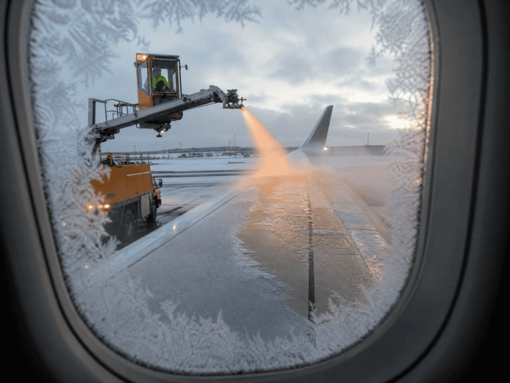 Frost crystals at the edges of an aircraft window frame with deicing spray visible on the wing outside, ground crew vehicles at work in a grey winter morning, orange-tinted fluid misting over the wing surface