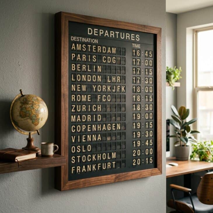 Framed vintage airport split-flap departure board print in walnut frame on a grey office wall