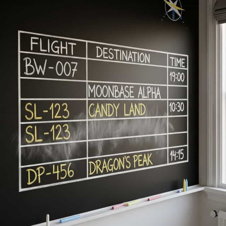 Chalkboard wall styled as an airport departures board with chalked destinations