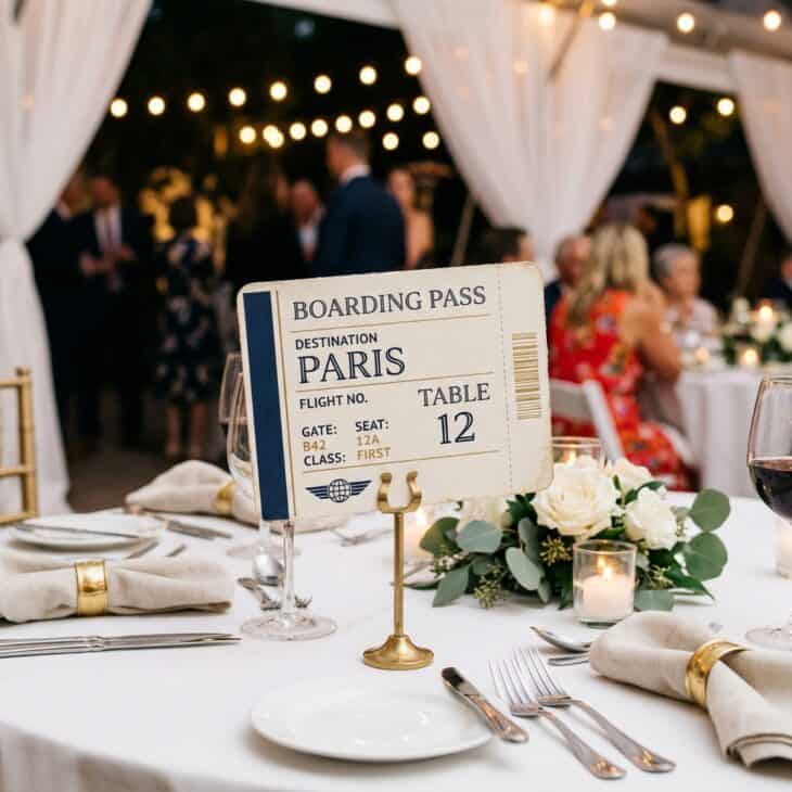 Vintage airline ticket style table number card in navy and gold on cream card stock in a brass holder on a white tablecloth