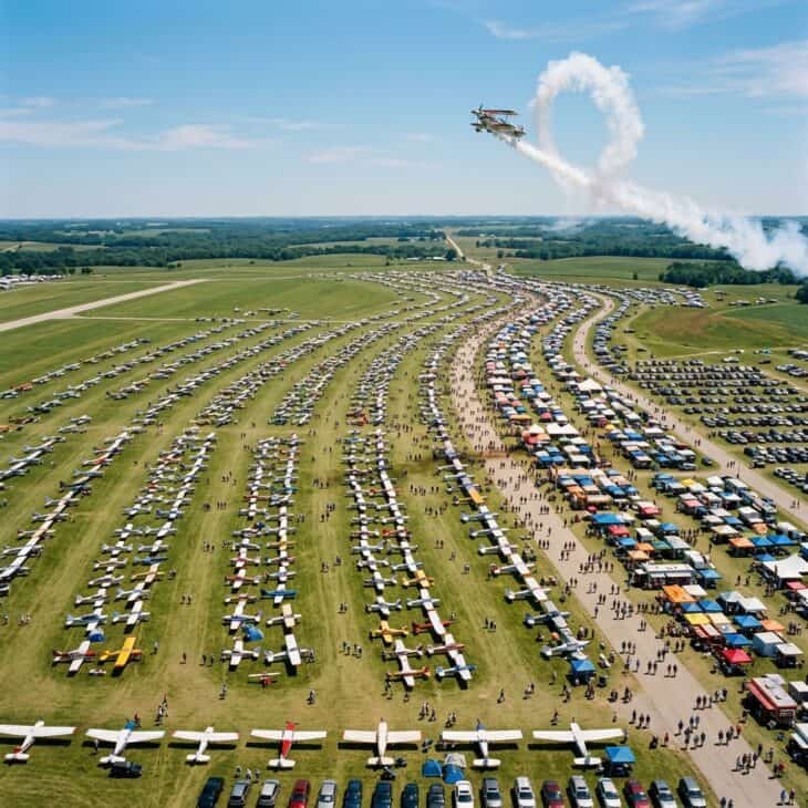 Aerial view of a vast fly-in with hundreds of aircraft parked wing to wing and a smoke-trailing aerobatic plane above