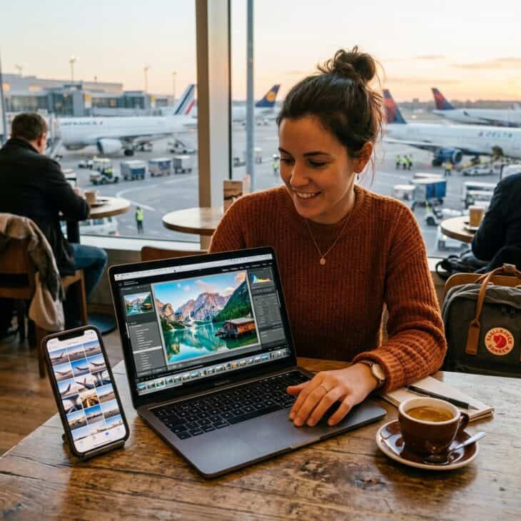 Traveler editing travel photos on a laptop at an airport cafe with a tarmac view and espresso cup on the table
