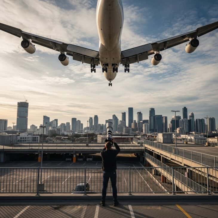 Photographer on an open-air car park roof shooting a commercial aircraft flying low overhead with the city in the background