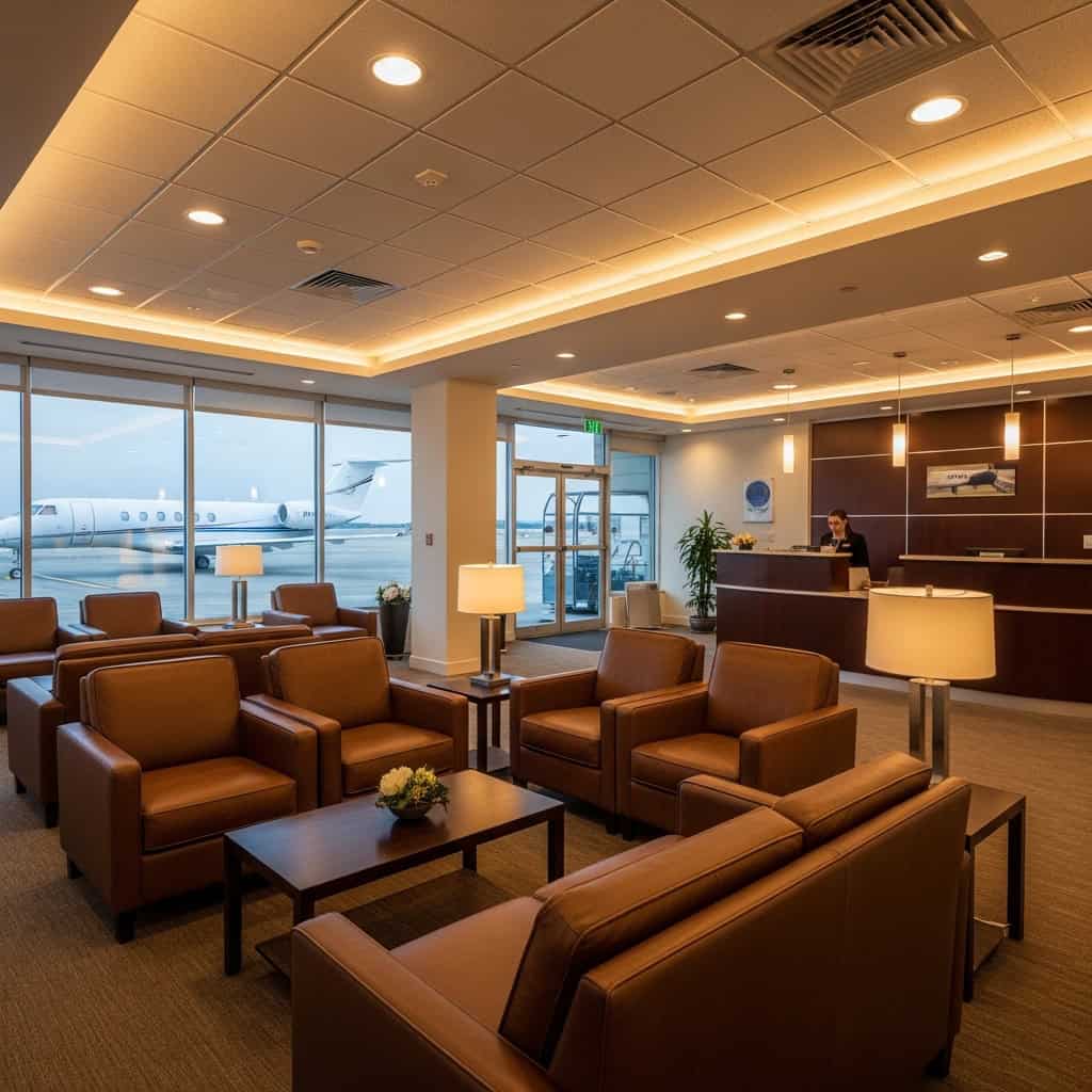 The interior of a private aviation FBO lounge with comfortable seating and views onto the tarmac