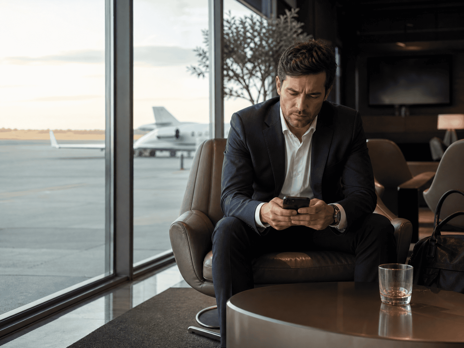 A passenger waiting alone in a modern FBO lounge while checking their phone