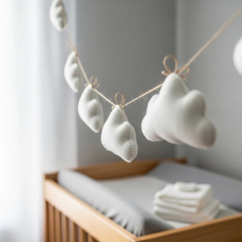 String of soft white felt clouds draped across a nursery wall