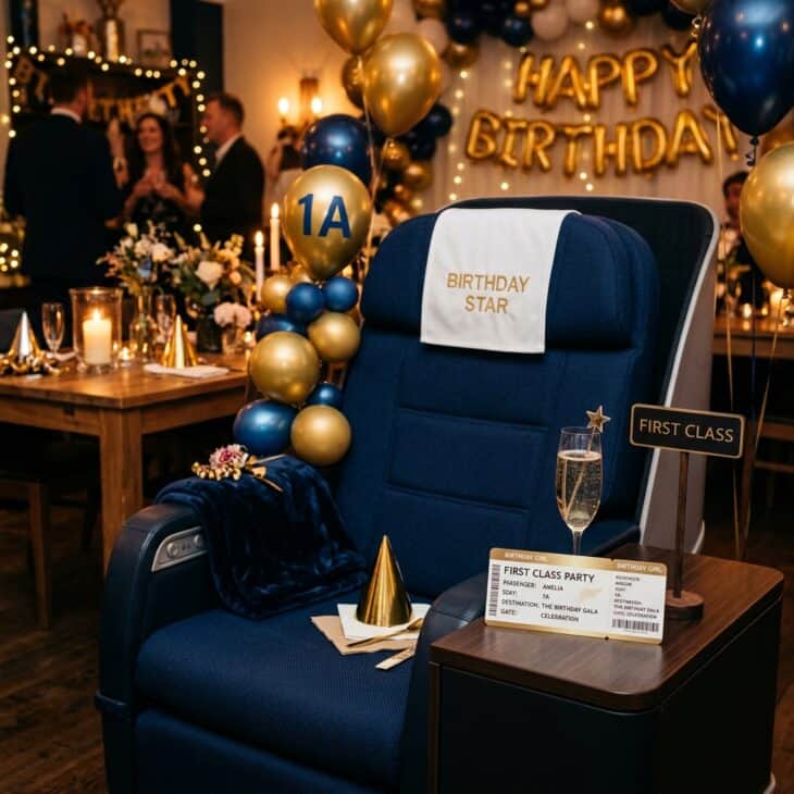 Special birthday first class seating zone with upholstered chair, white headrest cover, champagne flute, and First Class placard