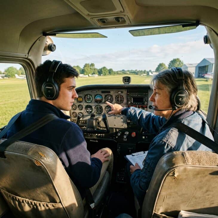 Student pilot and instructor in the cockpit of a small training aircraft on a sunlit airstrip