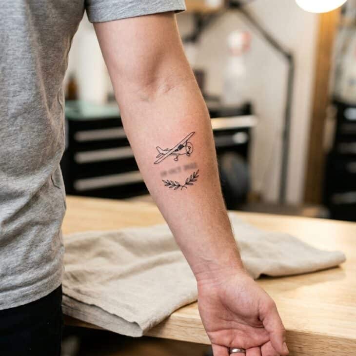Small aviation milestone tattoo on an adult inner forearm with a simple airplane silhouette above an understated date