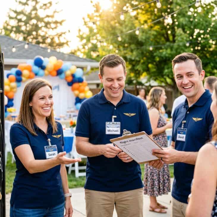 Three party hosts wearing matching navy polo shirts with embroidered pilot wings and crew name tags, holding a flight manifest clipboard