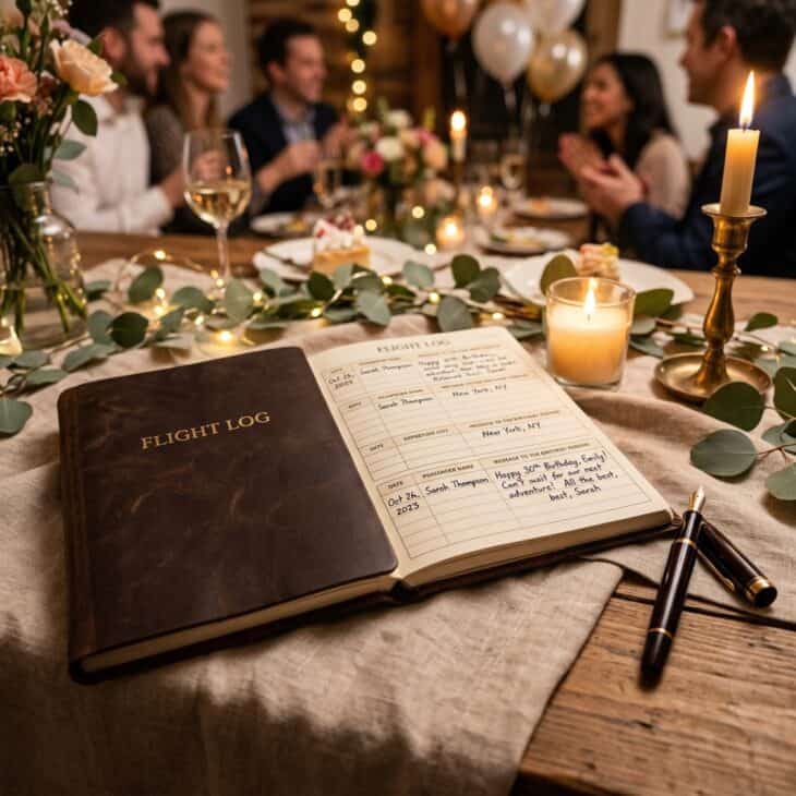 Leather-bound flight log guest book open on a party table with fountain pen and ruled columns for guest messages