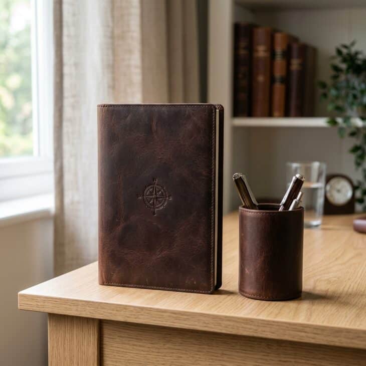 Dark brown leather journal holder with compass rose embossing beside a leather pen cup on a light oak desk