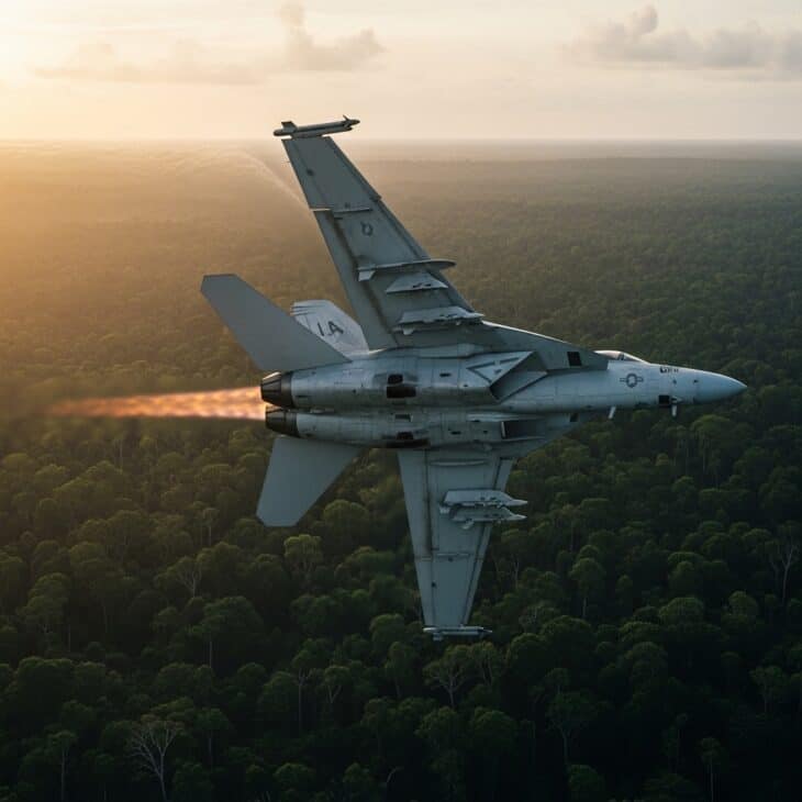 Carrier-based jet at very low altitude above dense green jungle in late afternoon light with exhaust heat visible behind the engine