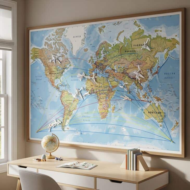 Framed world map with string and pins marking arcing flight paths between cities
