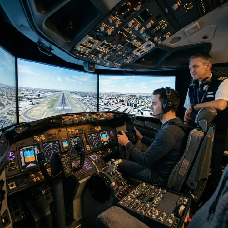 Traveler at the controls of a professional flight simulator cockpit on a clear-day runway approach with glowing instrument panels