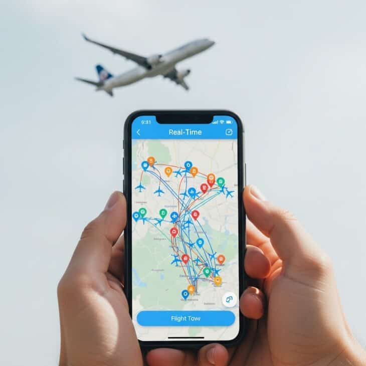 Smartphone showing live flight tracking app with aircraft visible in the background sky