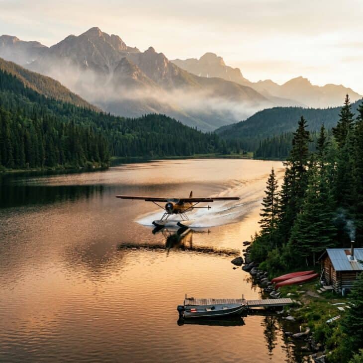 Floatplane landing on a glassy mountain lake with pine forest and misty peaks in the background