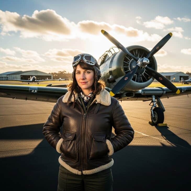 Female pilot in 1940s leather flight gear standing confidently in front of a military trainer aircraft at an airfield