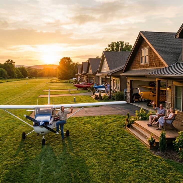 Aircraft taxiing down a grass airpark strip past homes with hangars at sunset with neighbors on porches watching