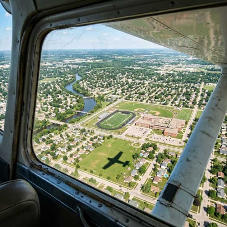 View from small aircraft window of a suburban town below with streets, parks, and a river visible from altitude