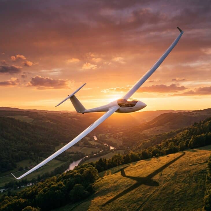 White glider banking over a valley at golden hour with amber sky and its shadow on the hillside below