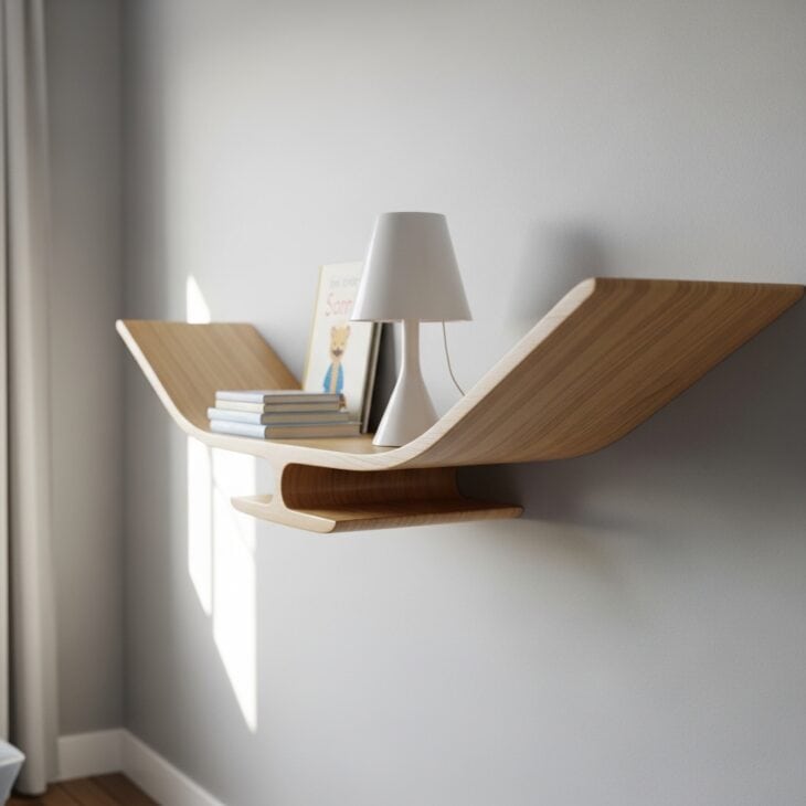 Long shelf shaped like a smooth glider wing mounted on a nursery wall