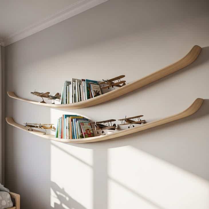 Floating shelves shaped like smooth glider wings holding books and models