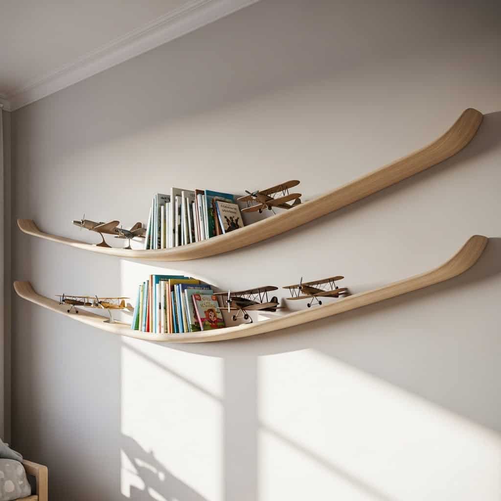 Floating shelves shaped like smooth glider wings holding books and models