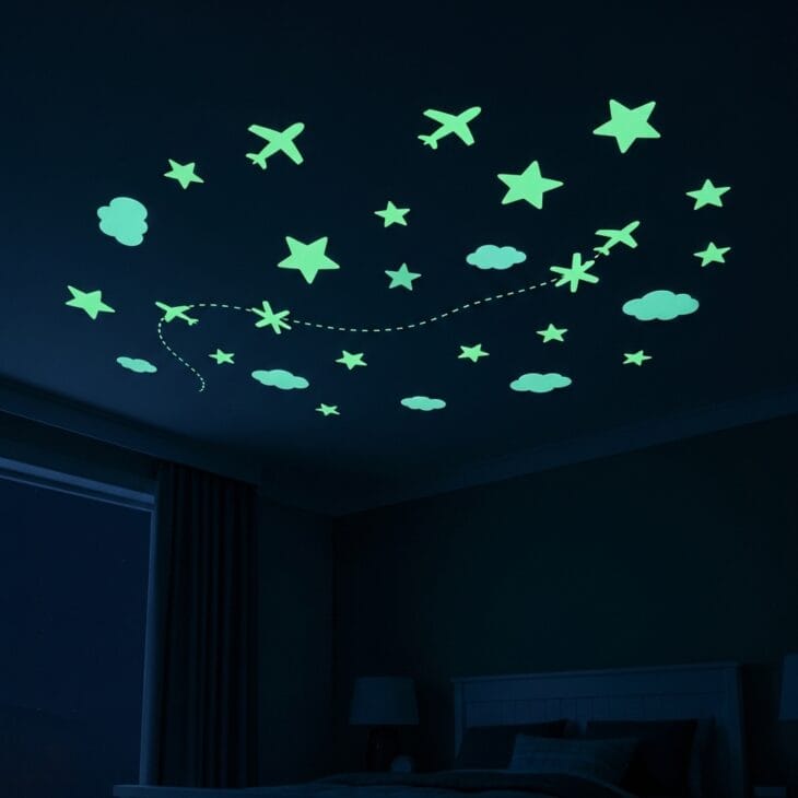 Bedroom ceiling glowing with stars and small airplane shapes at night